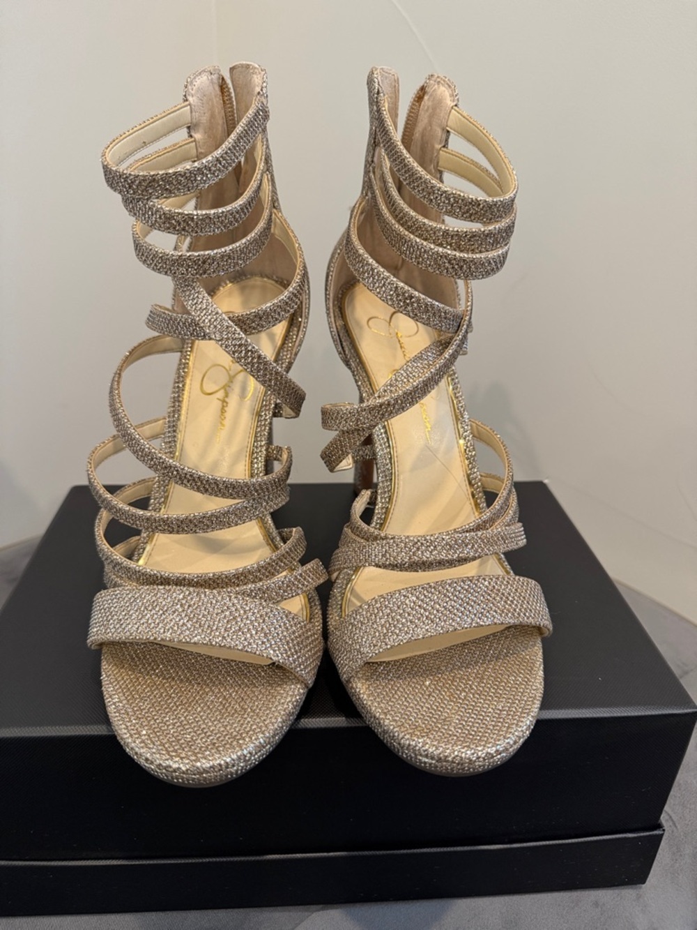 Jessica Simpson Champagne Spiral-Strap Stilettos